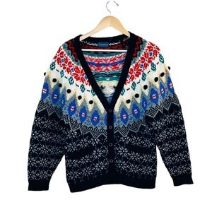 Vintage Chunky Carroll Reed Nordic Birdseye Cardigan Sweater Womens Size L